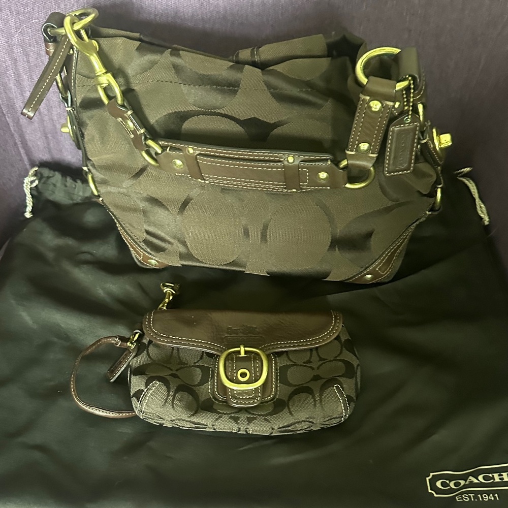 10619 Coach Carly Brown Signature Hobo Bag and Legacy Lined Wallet Wristlet